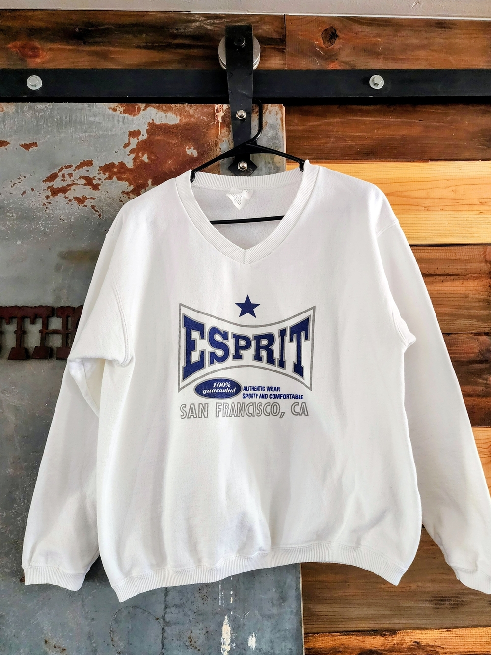 Vintage Esprit White V-Neck Sweatshirt with Blue Logo